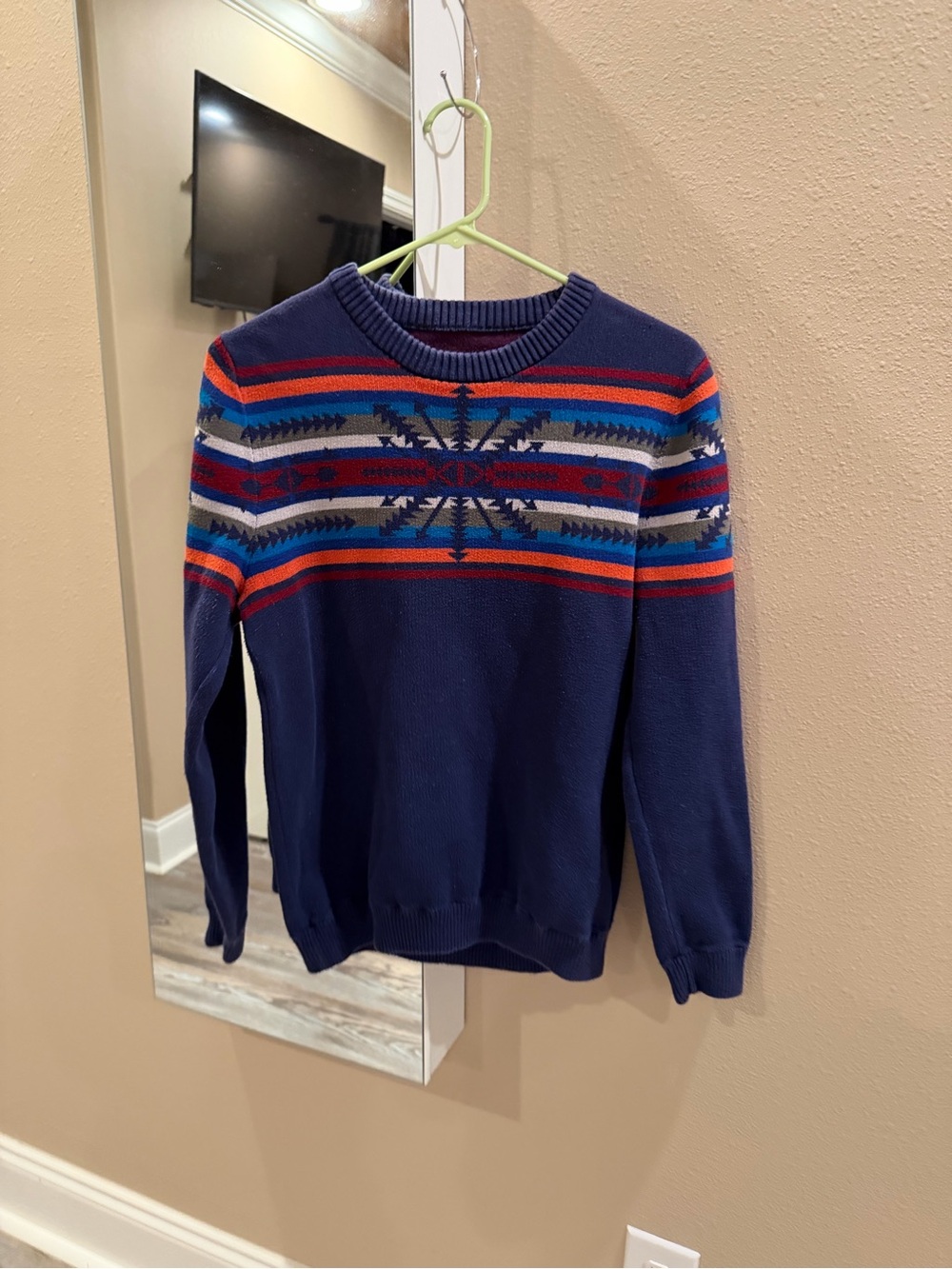 Mossimo Supply Co. Navy Crewneck Fair Isle Sweater with Red & Orange Accents